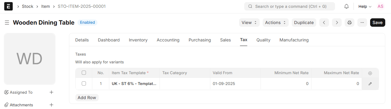 Item Tax Template