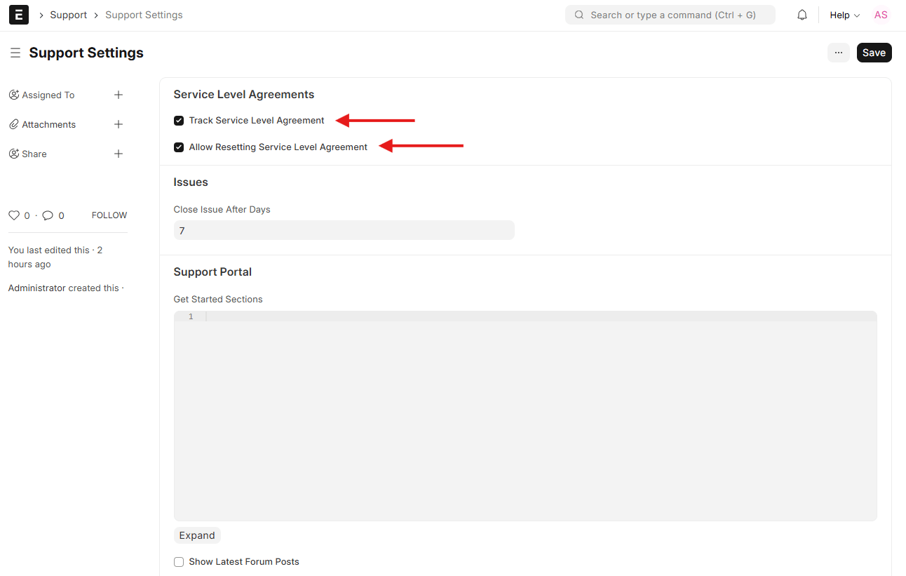 Support Settings