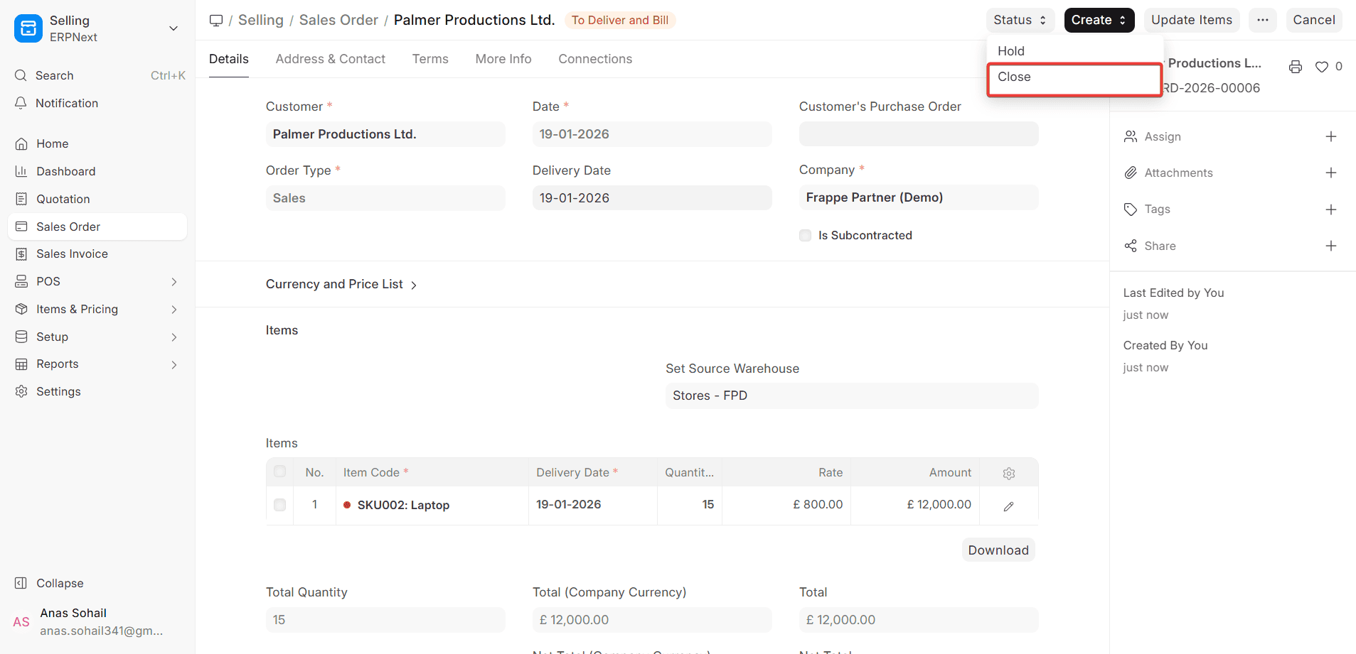 Close Sales Order